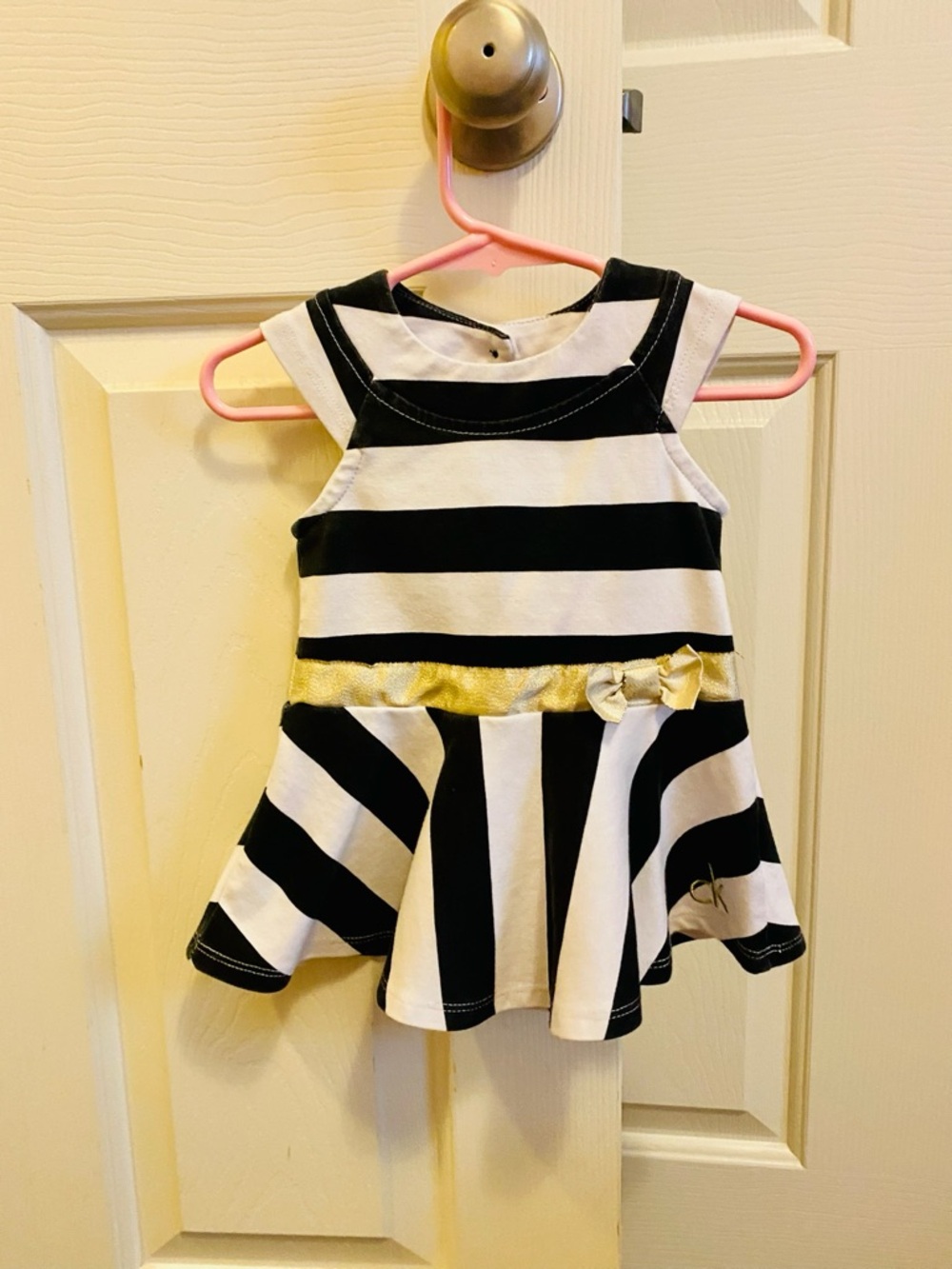 EUC Calvin Klein Black and White Striped Dress with Gold Accent